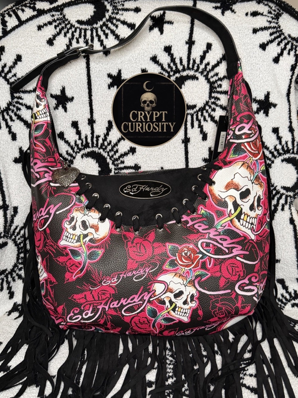 Ed Hardy Red Fringe Hobo Bag Purse NWT